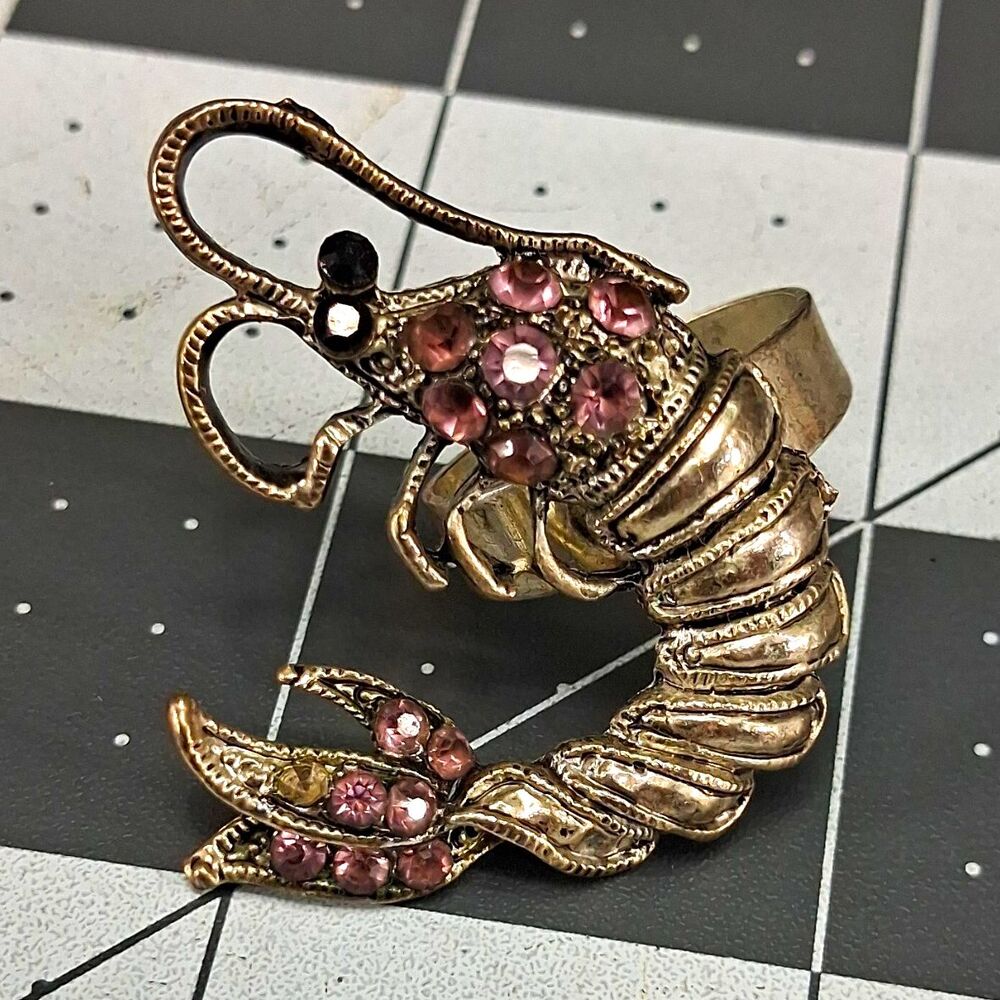 Vintage Shrimp Cocktail Ring Adjustable Silver Tone Pink Rhinestone Nautical